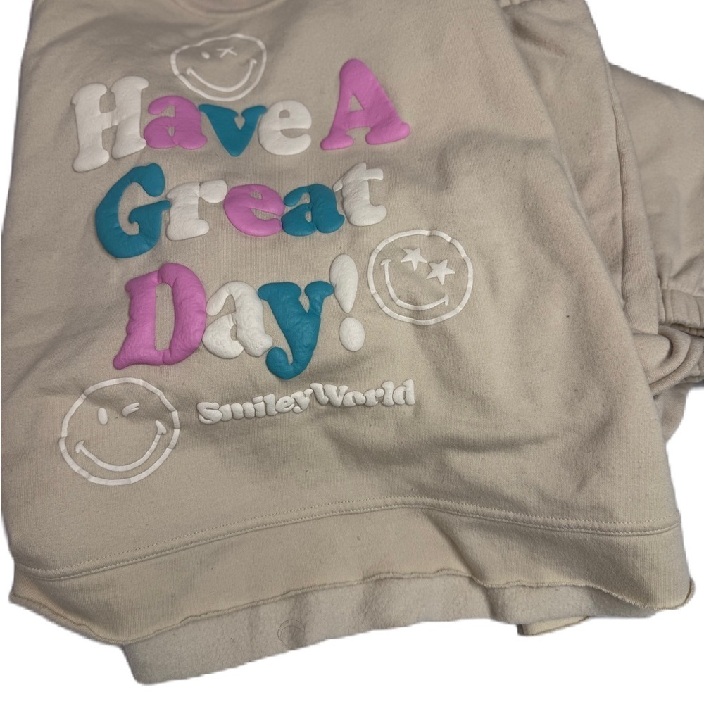 SmileyWorld Beige Graphic Sweatshirt & Pants Sz XL casual neutral cozy emoji fun